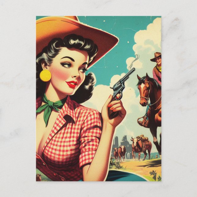 Carte Postale Illustration vintage Pulp Cowgirl (Devant)