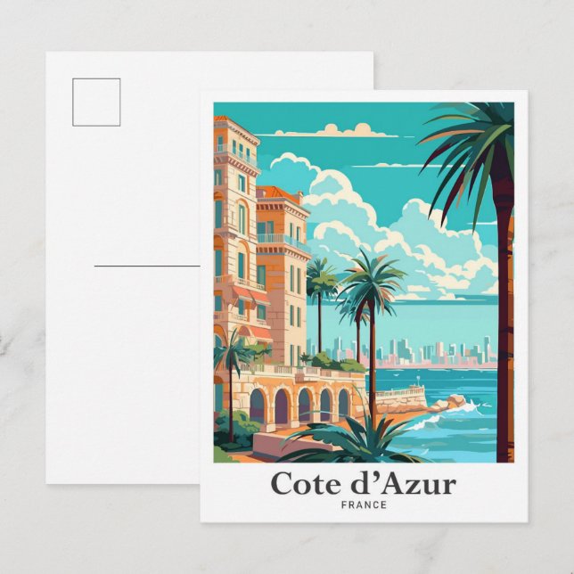 Carte Postale Illustration Vintage voyage de la Côte d'Azur (Devant / Derrière)