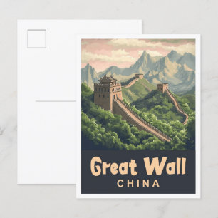 Carte Postale Illustration Vintage voyage de la Grande Muraille 