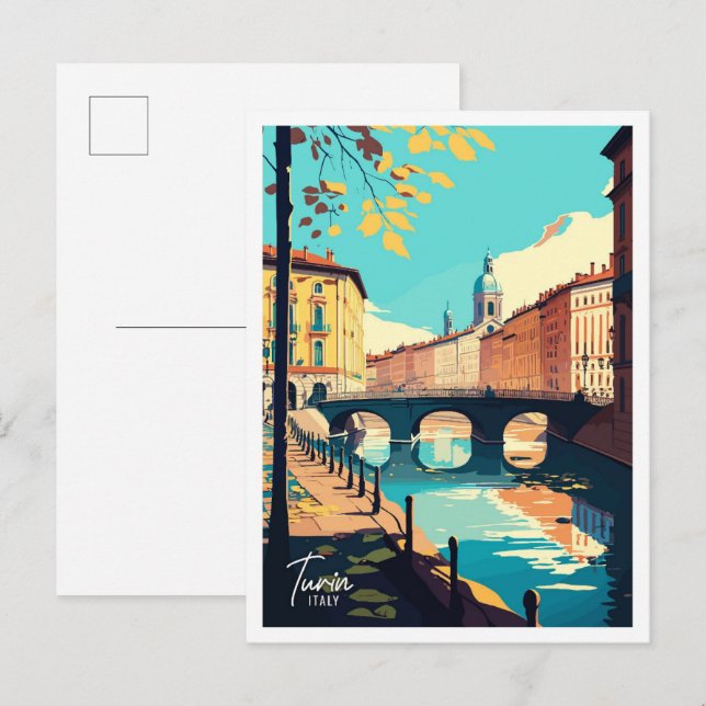 Carte Postale Illustration Vintage voyage de Turin Italie (Devant / Derrière)