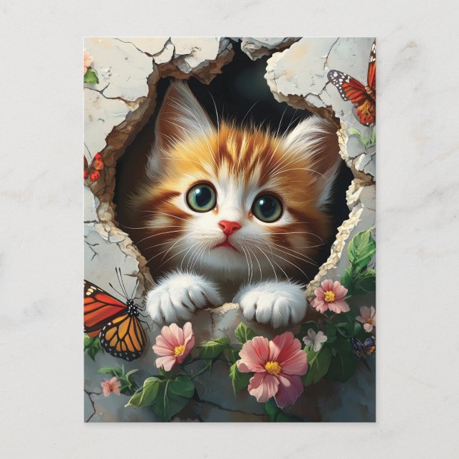 Carte Postale Image 3D d'un petit chaton mignon regardant dehors (Devant)