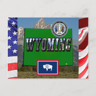 Carte Postale Image et texte du Wyoming, carte, drapeau et sceau