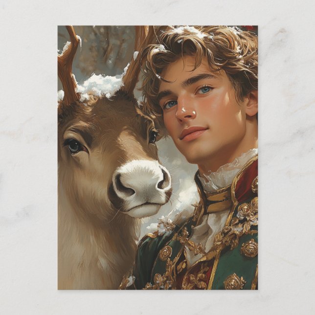 Carte Postale Imaginaire Beau homme blond et rennes Noël (Devant)