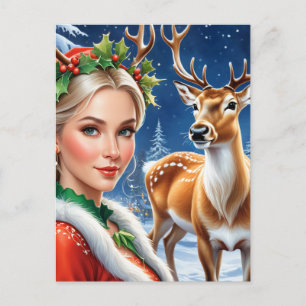 Carte Postale Imaginaire blond femme et cerf Noël