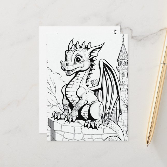 Carte Postale Imaginaire Dragon noir et blanc style de livre (Devant/Arrière en situation)
