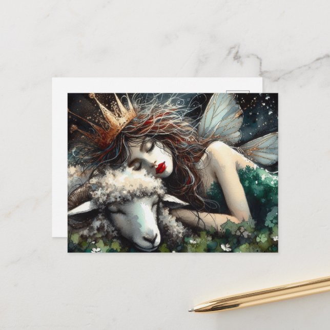 Carte Postale Imaginaire Fairy Queen et son mouton (Devant/Arrière en situation)