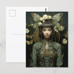 Carte Postale Imaginaire Femme et papillons et fleurs
