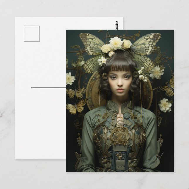 Carte Postale Imaginaire Femme et papillons et fleurs (Devant / Derrière)