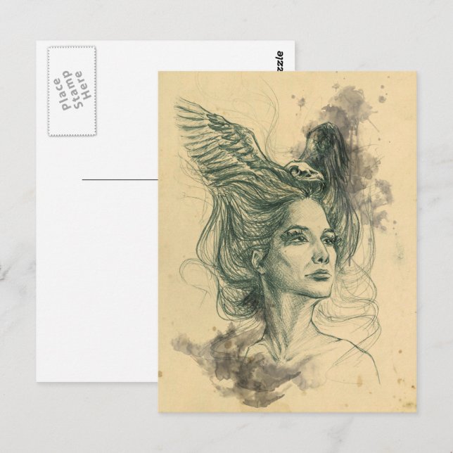 Carte Postale Imaginaire Femme portrait Crâne d'oiseau Ailes Sur (Devant / Derrière)