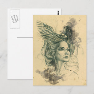 Carte Postale Imaginaire Femme portrait Crâne d'oiseau Ailes Sur
