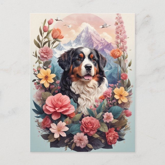 Carte Postale imaginaire floral 3D Bernese Mountain Dog Birds Vi (Devant)