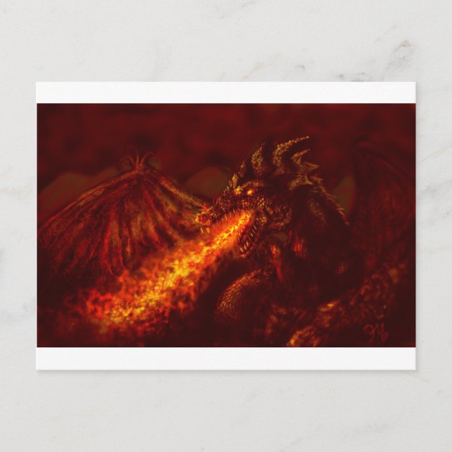 Carte Postale Imaginaire Grand Dragon Rouge Respiration Feu (Devant)