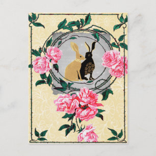 Carte Postale Imaginaire Jackrabbit Hares Rose Collage romantiqu