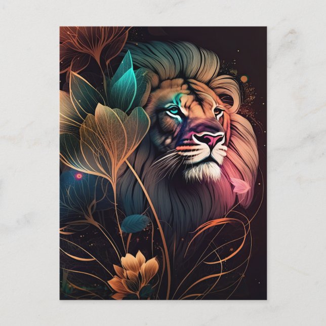 Carte Postale Imaginaire, magnifique lion avec fleurs art IA (Devant)
