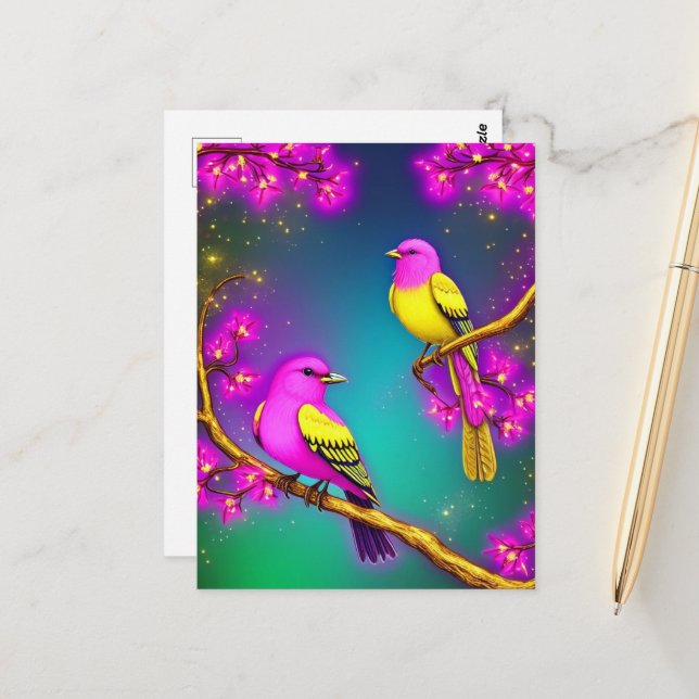 Carte Postale Imaginaire Oiseaux roses et jaunes sur une branche (Devant/Arrière en situation)
