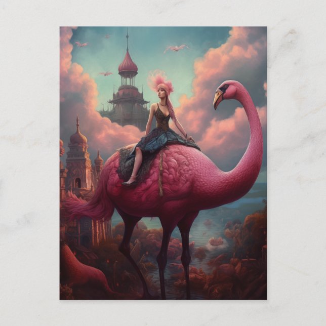 Carte Postale Imaginaire Ride sur un Flamant rose géant rose (Devant)