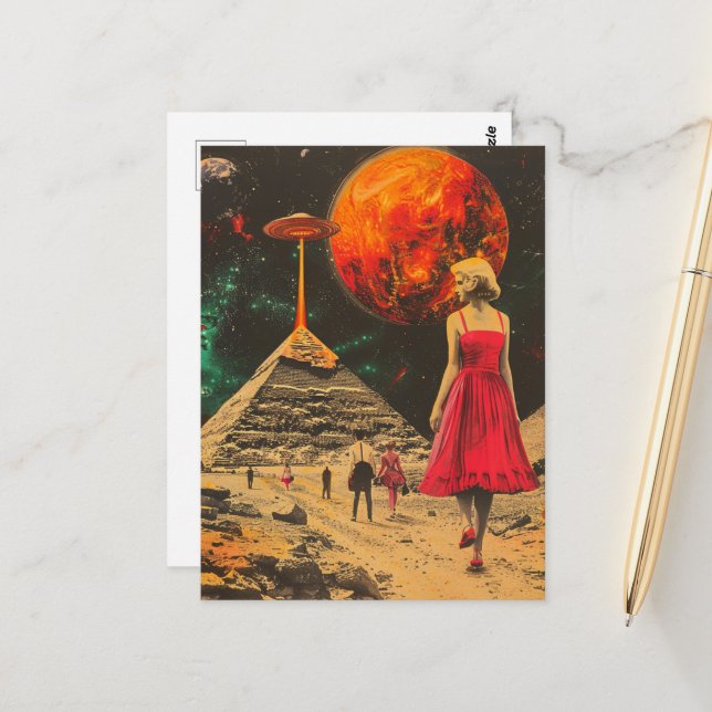 Carte Postale Imaginaire scifi Aliens et femme en robe rouge (Devant/Arrière en situation)