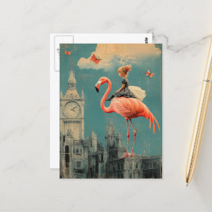 Carte Postale Imaginaire surréaliste enfant roule sur un Flamant