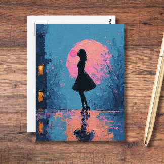 Carte Postale Impressionist Pink Moon Woman Bubble Gum Bubble