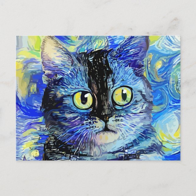 Carte Postale Impressionniste Starry Night Tabby Cat Portrait (Devant)