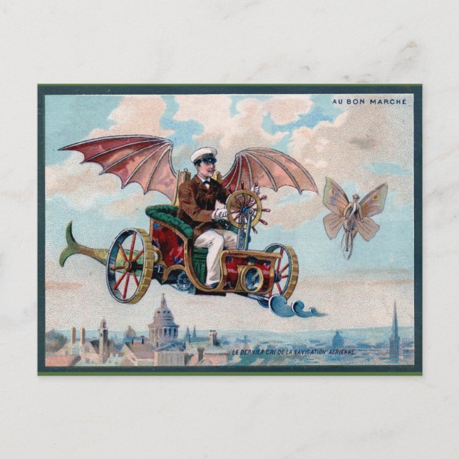 Carte Postale Incroyable voiture volante steampunk victorienne (Devant)