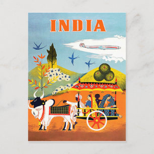 Carte Postale Inde, art traditionnel, personnes dans des chars, 