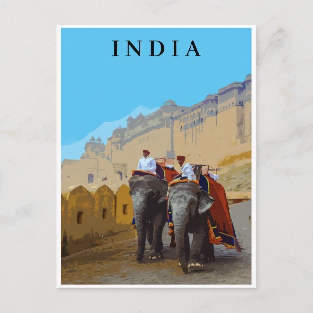 Carte Postale Inde Style Retro Elephants Voyage (Devant)