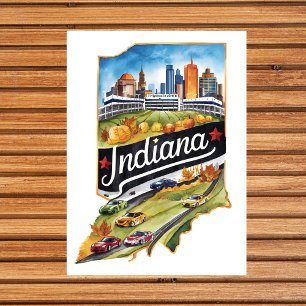 Carte Postale Indiana USA État Forme Vintage Aquarelle