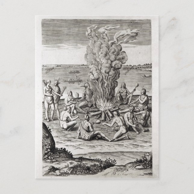 Carte Postale Indiens priant autour d'un feu, gravure (Devant)