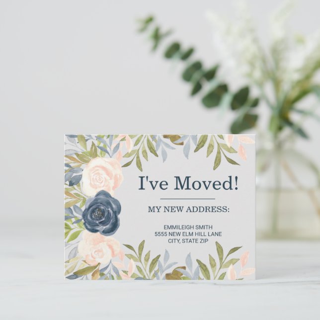 Carte Postale Indigo Blue Blush Pink Changement d'Adresse  (Debout devant)