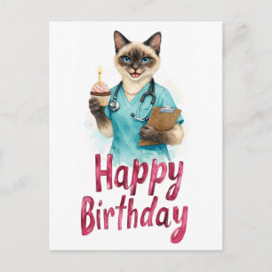 Carte Postale Infirmière Chat avec Gâteau et texte Joyeux Annive