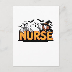 Carte Postale Infirmière - Halloween - avec fantôme, sorcière et