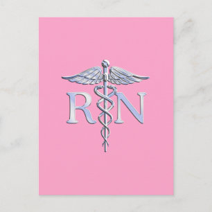Carte Postale Infirmière inscrite RN Caduceus sur Décor rose cla