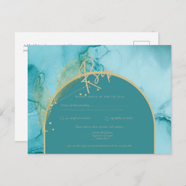Carte Postale INK Ocean Turquoise Turquoise Gold Wedding RSVP (Devant / Derrière)