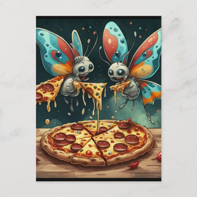 Carte Postale Insectes drôles mignons mangeant une pizza idées d (Devant)