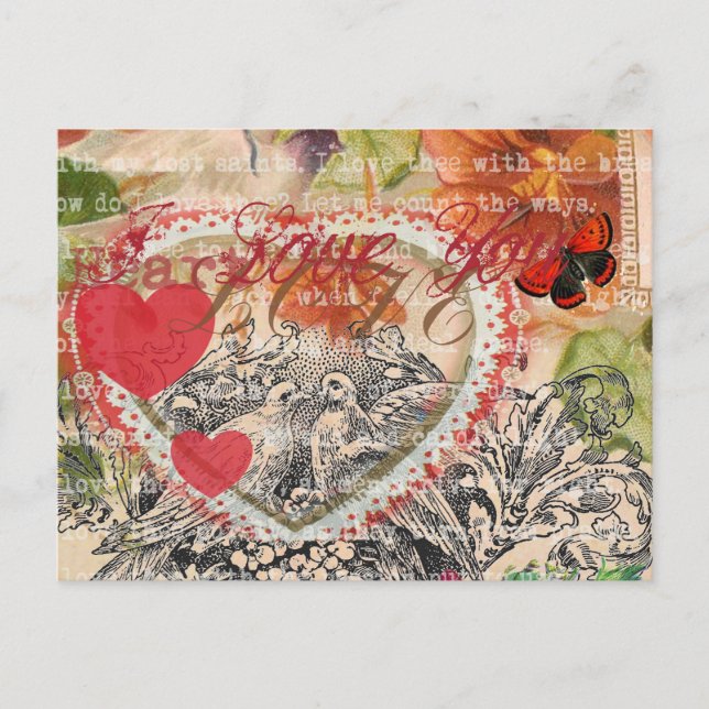 Carte Postale Inséparables Heart Red Art Collage (Devant)