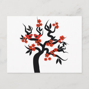 Carte Postale Inséparables noirs rouges sakura cherry tree & Blo