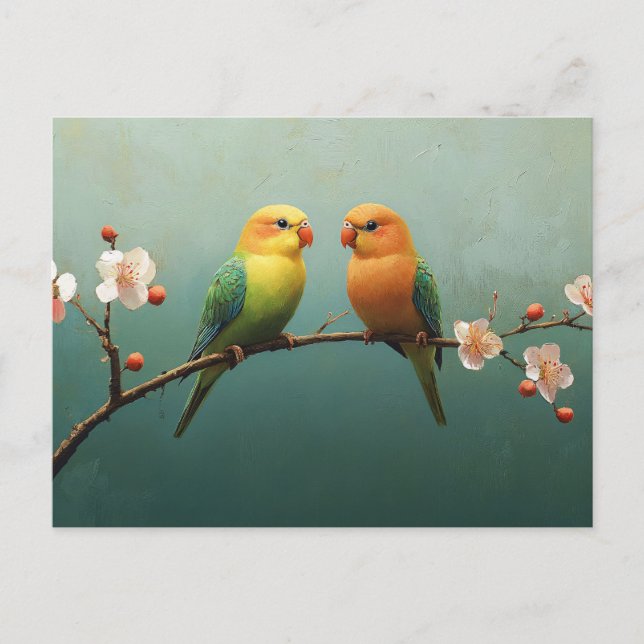Carte Postale Inséparables sur une branche de fleurs roses (Devant)