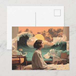 Carte Postale Intérieur surréaliste avec femme et chat