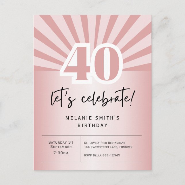 Carte postale Invitation 40e anniversaire, or rose (Devant)