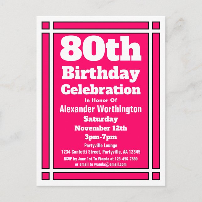 Carte postale Invitation 80th Pink Simple Birthday (Devant)