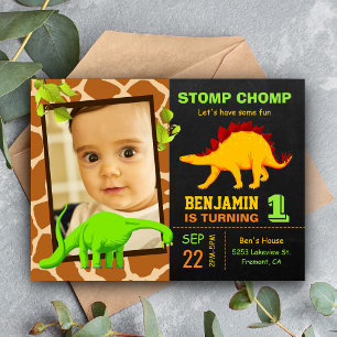 Carte Postale Invitation anniversaire 1ère photo avec un dinosau