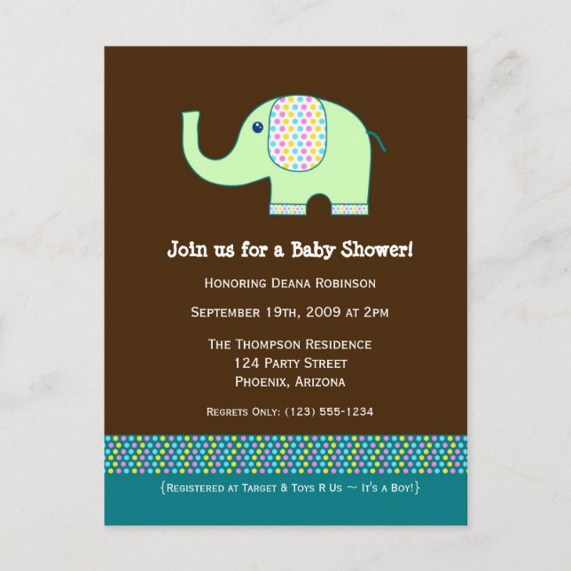 Carte Postale Invitation Baby shower bébé éléphant (Devant)