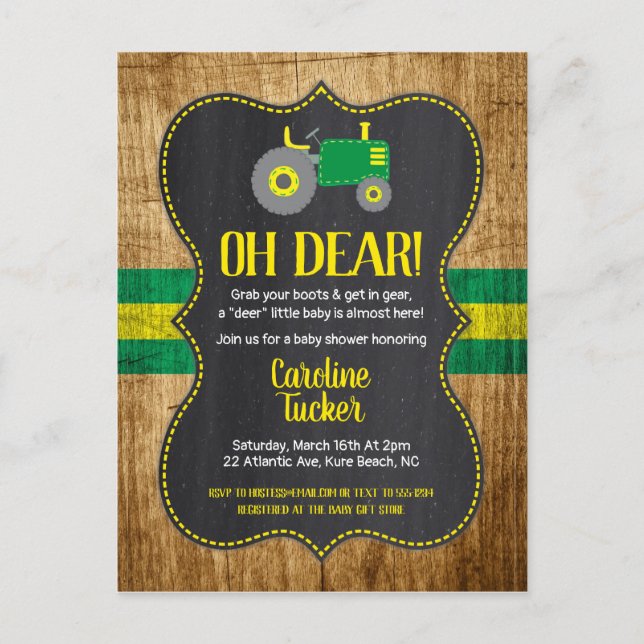 Carte postale Invitation Baby shower de tracteur v (Devant)