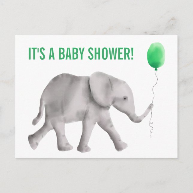Carte postale Invitation Baby shower éléphant, ver (Devant)
