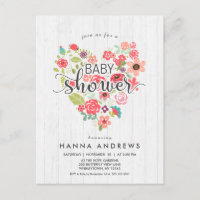 Invitation Baby shower fille en bois blanc et coeu