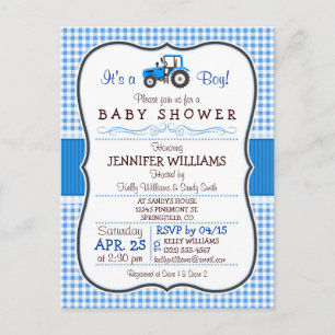 Carte Postale Invitation Baby shower garçon de tracteur de ferme