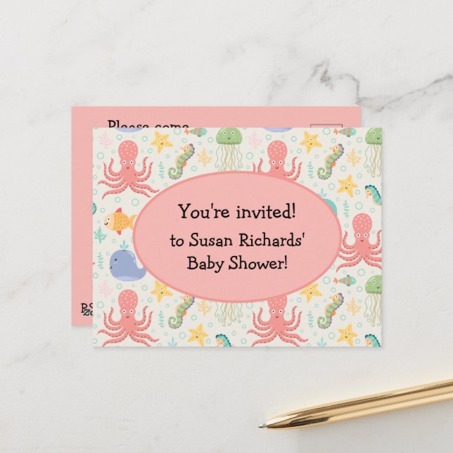 Carte postale Invitation Baby shower Octopus sous  (Devant/Arrière en situation)