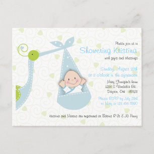 Carte Postale Invitation baby shower pour bébé garçon avec cigog