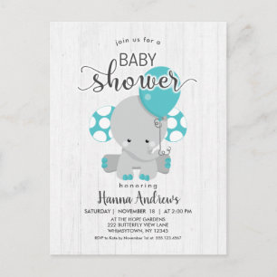 Carte Postale Invitation Baby shower Turquoise éléphant en bois 